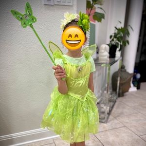 Disney Tinkerbell Fairy Costume Green Dress Wings Headband 4-5 Years Girls